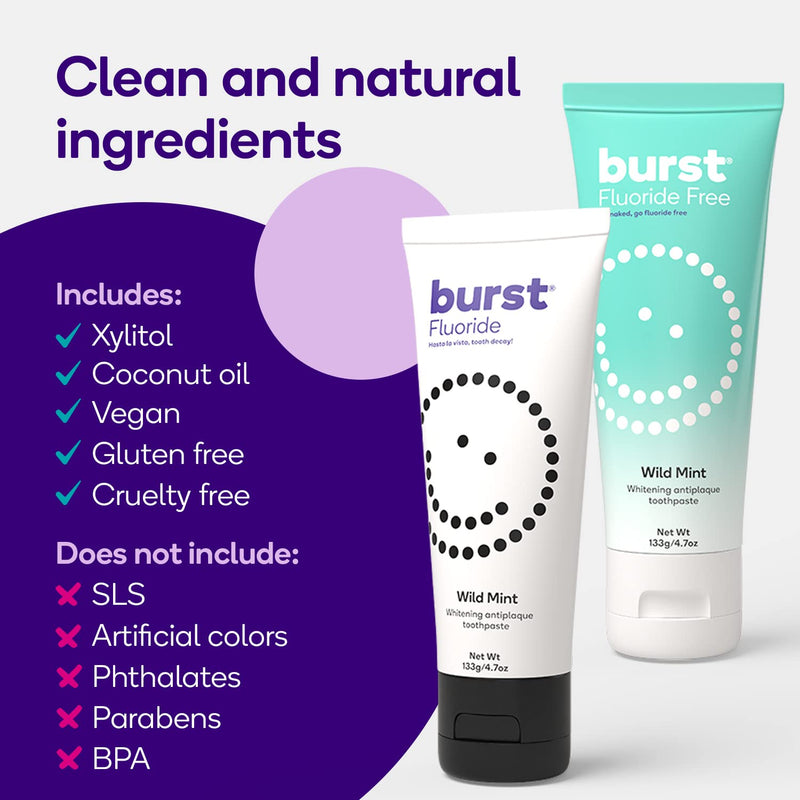 [Australia] - BURST Whitening Toothpaste with Cavity Fighting and Stain Removal Fluoride (4.7oz/2 Pack) | for Sensitive Teeth | with Xylitol | Vegan, Gluten & SLS Free | Wild Mint Wild Mint 2 Pack 