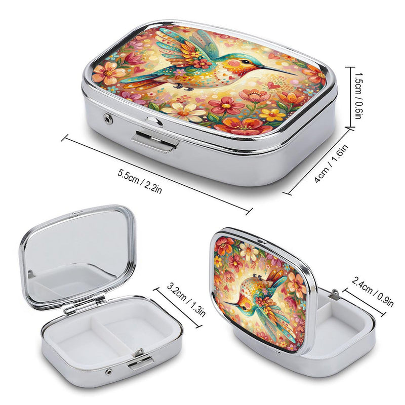 Metal 2 Compartment Pill Organizer Travel Friendly Portable Compact Pill Box Cute Pill Case,for Pocket Wallets Daily Portable Medicine Vitamin Tablet Storage (Painted Birds) Painted Birds