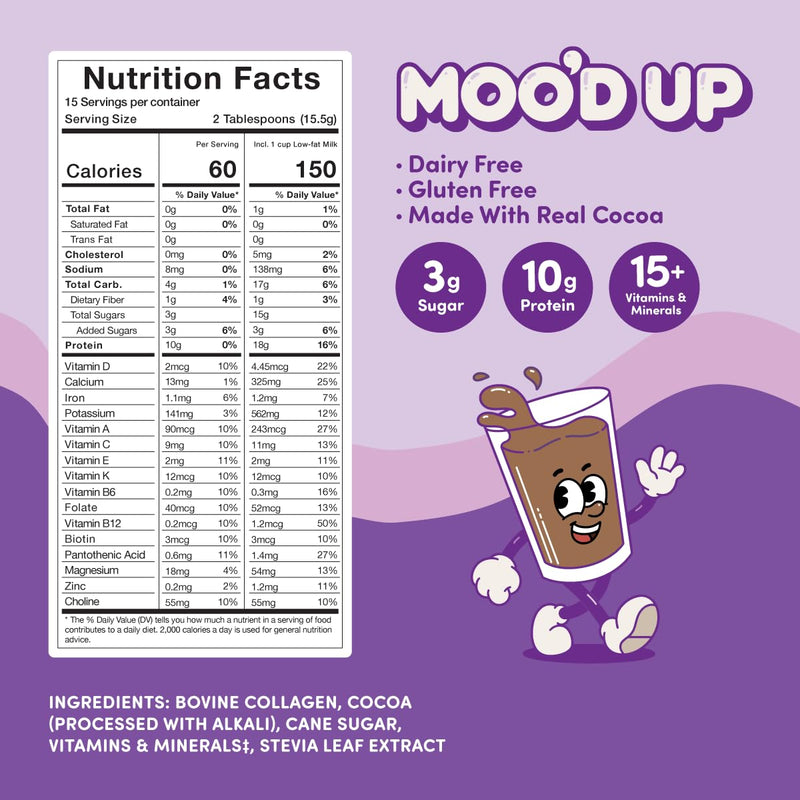 Moo’d Up Chocolate Milk & Hot Chocolate Mix (15 Servings) – Low Sugar, Dairy-Free, 10g Protein, 15 Vitamins & Minerals, Gluten Free, Enjoy as Hot Cocoa