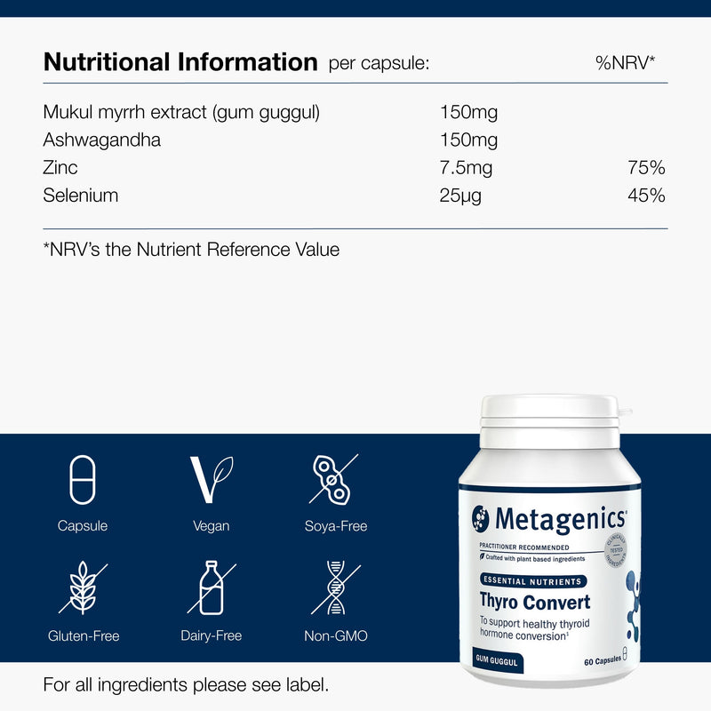 Metagenics - Thyro Convert with Gum Guggul Resin - with Ashwagandha, Selenium & Zinc for Healthy Thyroid Hormone Conversion - 60 Capsules