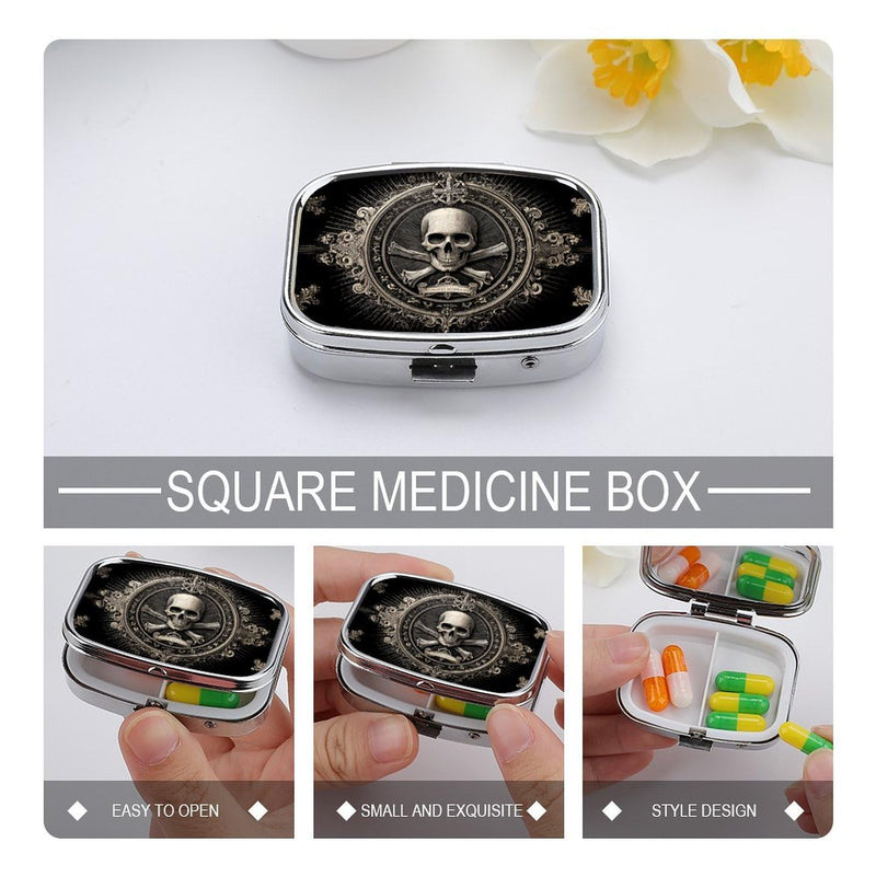 Metal Pill Organizer – 2-Compartment Pocket Pill Box for Vitamins, Supplements, Medications – Compact Travel Case (Baroque Skul) Baroque Skul