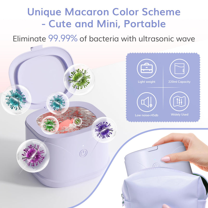 [Australia] - ROLWAY Retainer Cleaner,46kHz 220ML Ultrasonic Retainer Cleaner with One Touch Control, Deep Cleaning for Mouth Guard, Braces, Invisible Aligners, Dentures, Jewelry (Purple) Purple 