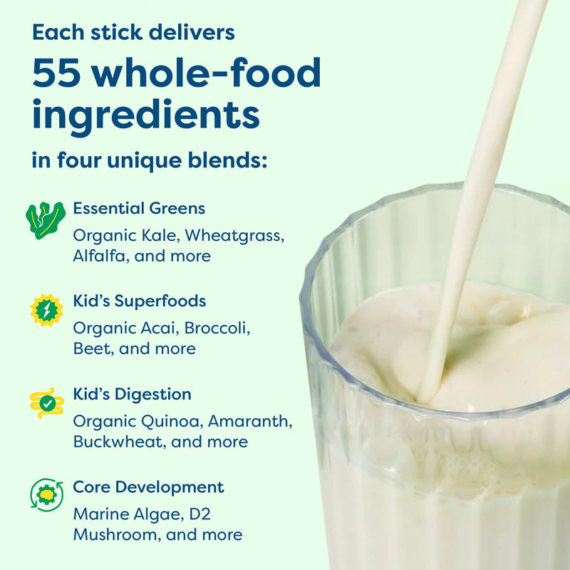 HIYA Kids Greens Powder Sticks, Greens Superfood Powder for Kids, Vanilla | 55+ Whole-Food Sourced Ingredients & Delicious Flavor, 0g Sugar, Third-Party Tested, for Children Ages 2+