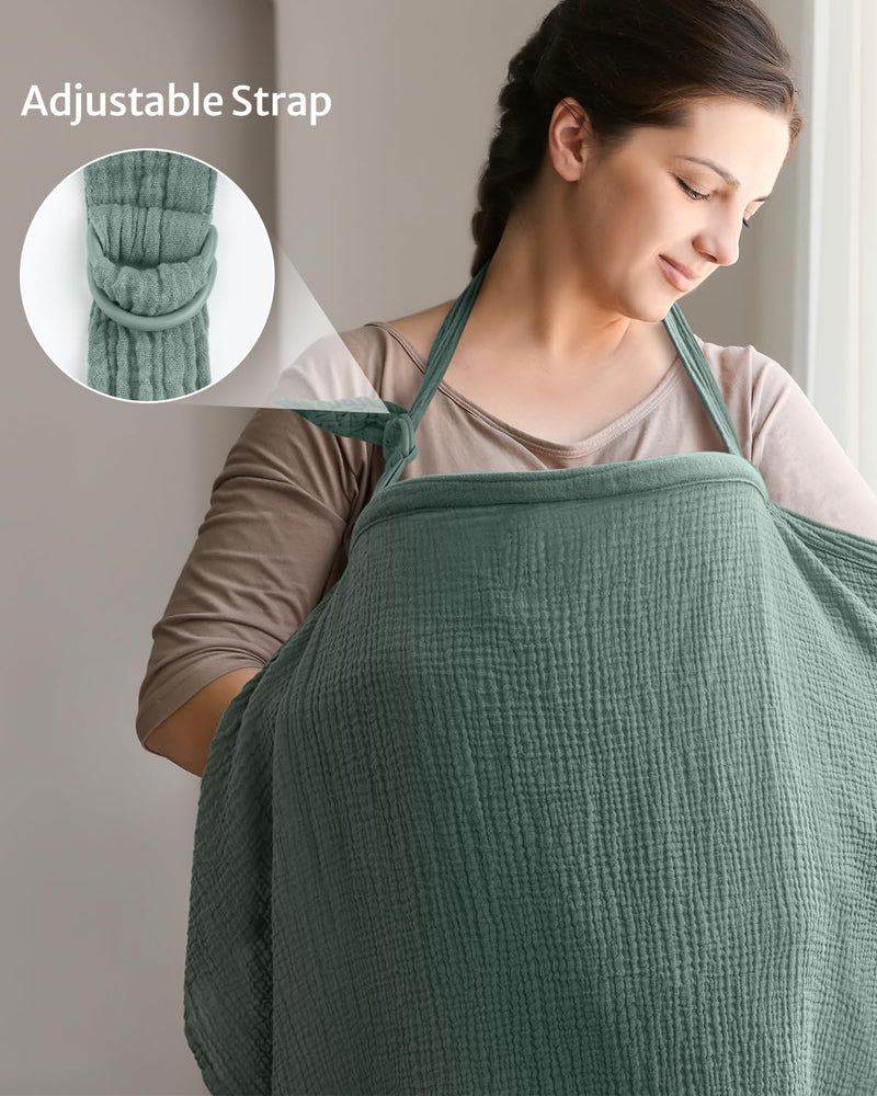 [Australia] - Blissful Diary Muslin Nursing Cover for Breastfeeding, Breathable Breastfeeding Cover up with Arch Neckline for Women, Nursing Apron (Roman Green) Roman Green 