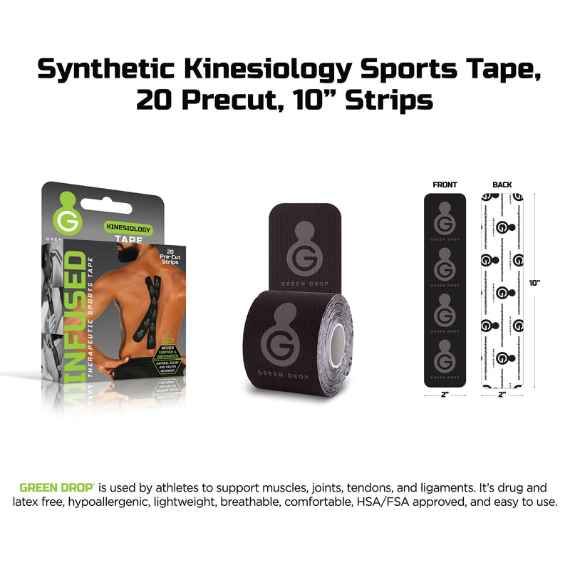 Green Drop Kinesiology Tape – Breathable, Patented, Natural Relief-Herb-Infused Support, HSA/FSA Approved - 20 Precut Strips, 20 Count