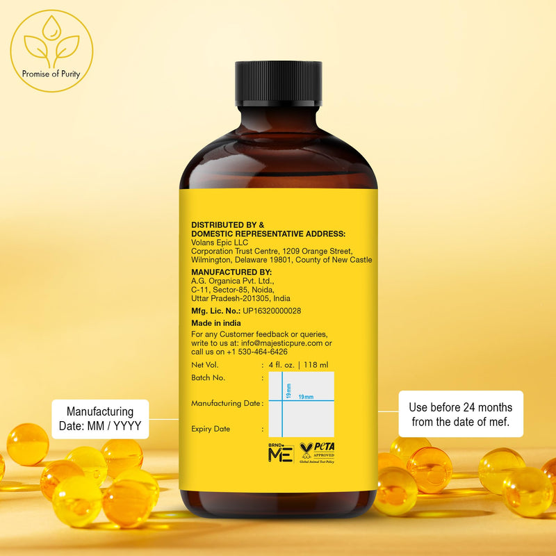 Majestic Pure Vitamin E Oil 100% Pure & Natural Body Oil - 4 Fl Oz | Ideal for Skin, Nails, Face Oil, Hair Oil - 70,000 IU- Cold Pressed Hexane Free Non-GMO Gluten Free Formula 4 Fl Oz (Pack of 1)