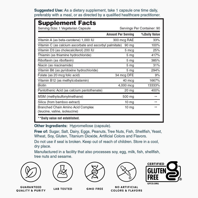 Nature's Lab Hair Skin and Nails - Biotin, BCAA, MSM, Vitamin Complex - 90 Ct (90 Day Supply) (Pack of 2) 90 Count (Pack of 2)