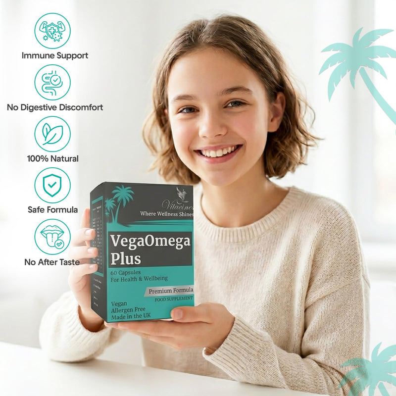 VegaOmega Plus | Vegan Omega 3 + 14 Essential Vitamins & Minerals | Plant-Based Algae DHA & EPA | 60 Capsules | No Fish Oil | Heart, Brain & Joint Support | Family Supplement Age 4+ | Made in UK