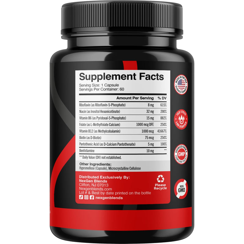 Methylated B Complex Vitamin Supplement - Bioactive Methyl B Complex with 5-MTHF Methyl Folate & B12 Methylcobalamin for Brain Heart Energy & Homocysteine Support - Super Vitamin B Complex - 60 Caps 60 Count (Pack of 1)