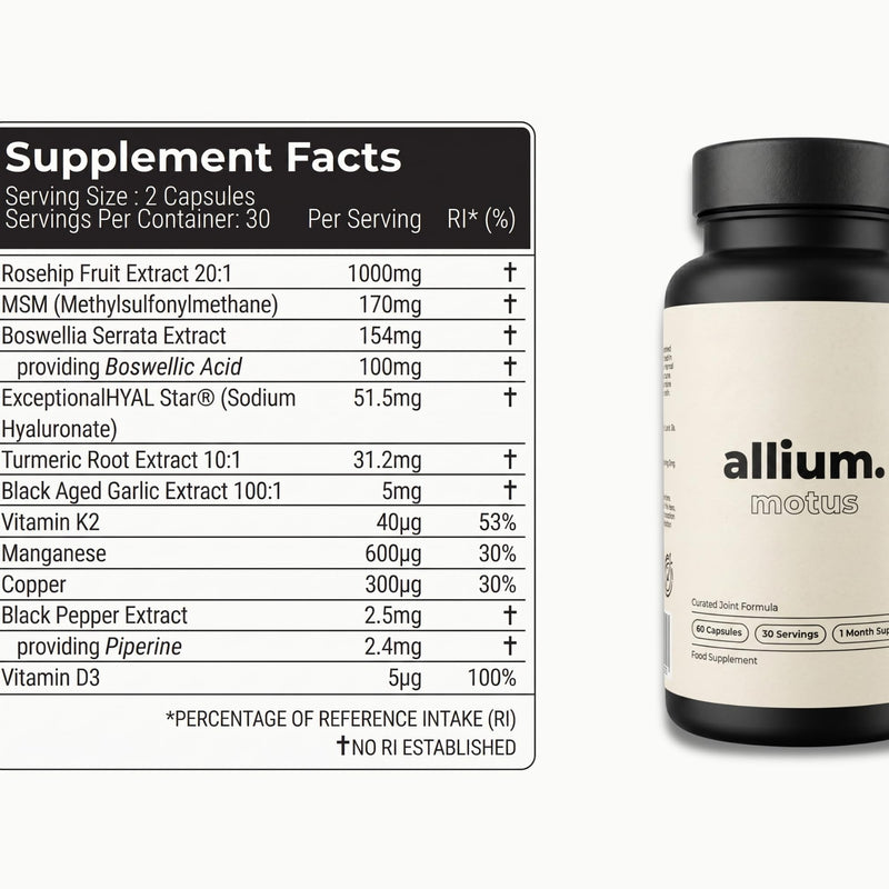 Allium Motus Joint Health & Mobility Supplement – 60 Capsules with 100:1 Aged Black Garlic, MSM, Hyaluronic Acid & Rosehip – Formulated for Joint Comfort & Natural Flexibility - GMP - Vegan - Non GMO
