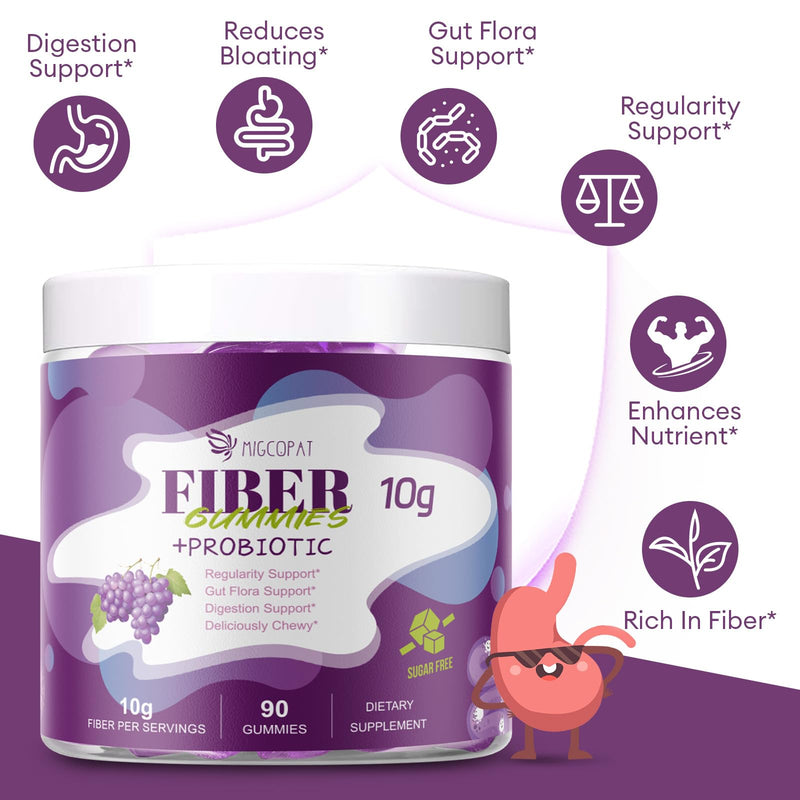 [Australia] - 10G Fiber Gummies for Adults, No Sugar Added Grape Flavor, Fiber Supplement with 30 Billion CFU Probiotics Blend, ACV, Vitamin C, Inulin, Support Digestive Health, 90 Count 90 Count (Pack of 1) 