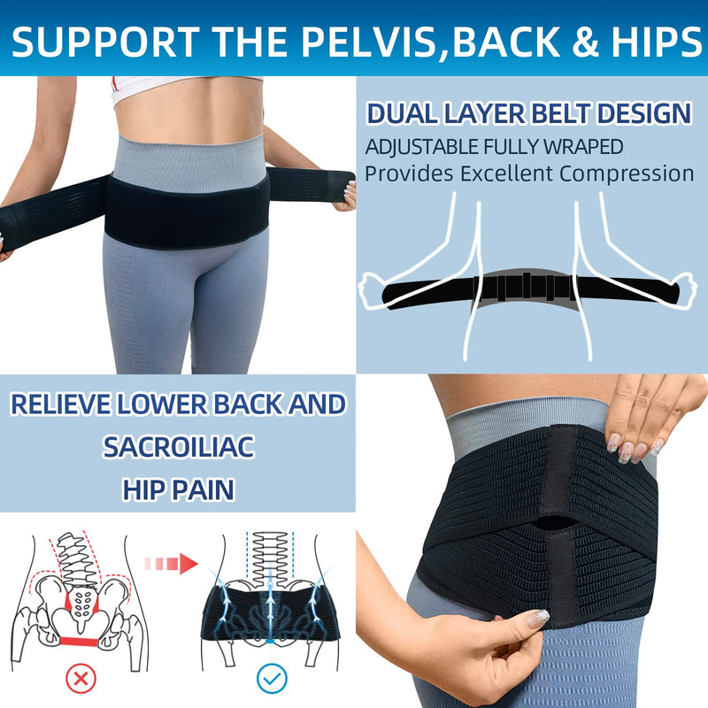 SI Belt - Sacroiliac Belt for Women and Men, SI Joint Pain Relief, Pelvis Support, Sciatic Nerve Brace, Lower Back Lumbar Hip Brace for Sciatic Pain Relief, Adjustable Pregnancy Support Band Black One Size