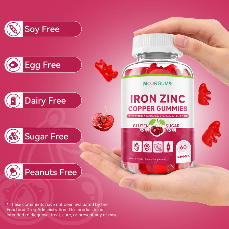 Iron, Zinc, Copper Supplements for Women & Men, Mineral Gummies with Vitamin A, B5, B6, C, D3, B12 for Adults & Kids, Promote Energy, Support Immunity, Bone Health, Sugar Free, Cherry Flavor, 60 Count 60 Count (Pack of 1)