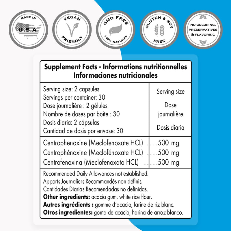 Supersmart - Centrophenoxine 500mg per Day (DMAE & pCPA) - Nootropics Supplement | Non-GMO & Gluten Free - 60 Vegetarian Capsules