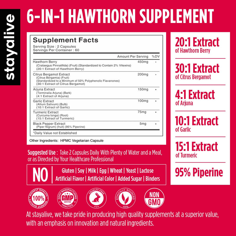 [Australia] - STAY ALIVE Extra Strength Hawthorn Berry Capsules, 20:1 Extract, 6-in-1 Antioxidant w/Citrus Bergamot, Turmeric Root Powder, Garlic, Arjuna & Black Pepper, 120 Vegan Pills, Hawthorne Berry Supplement 