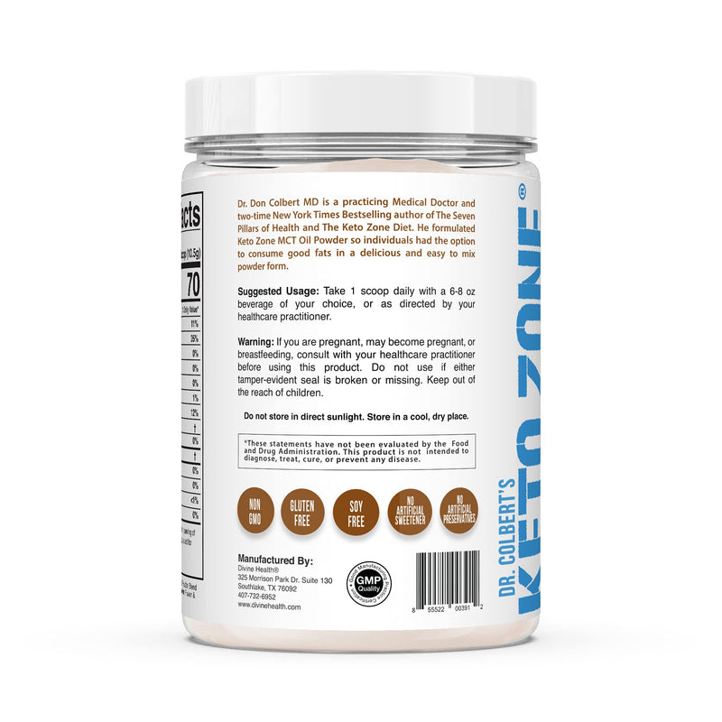 [Australia] - Dr. Colbert MD MCT Oil Powder | Hazelnut Flavor | by Divine Health | Recommended in The Keto Zone Diet book | 70% C8 | 30% C10 | 0 Net Carbs | Alternative to Coffee Creamer | 315g 