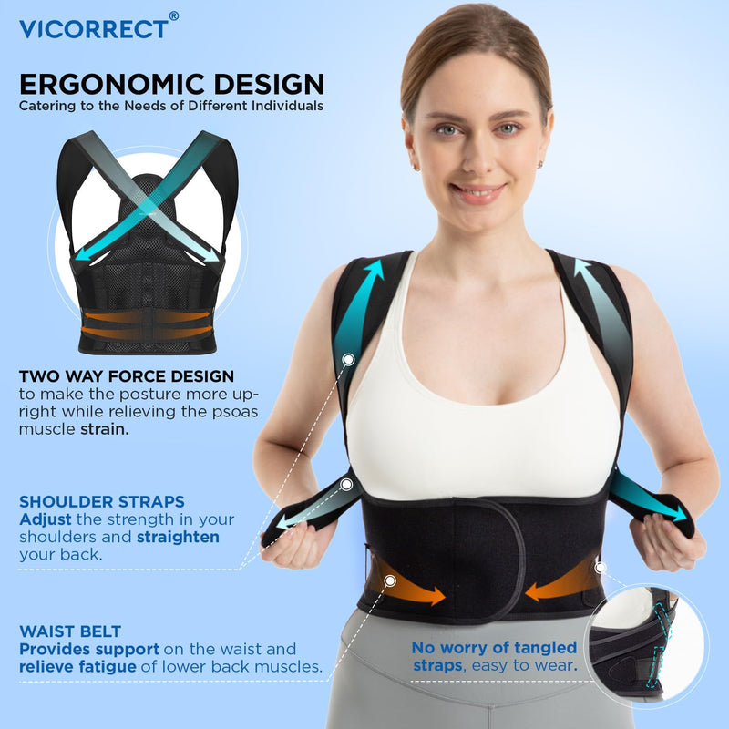 [Australia] - Vicorrect Posture Corrector for Women and Men: Back Brace Support - Shoulders Straightener Relieve Upper Back Pain (Black, Large) Black 