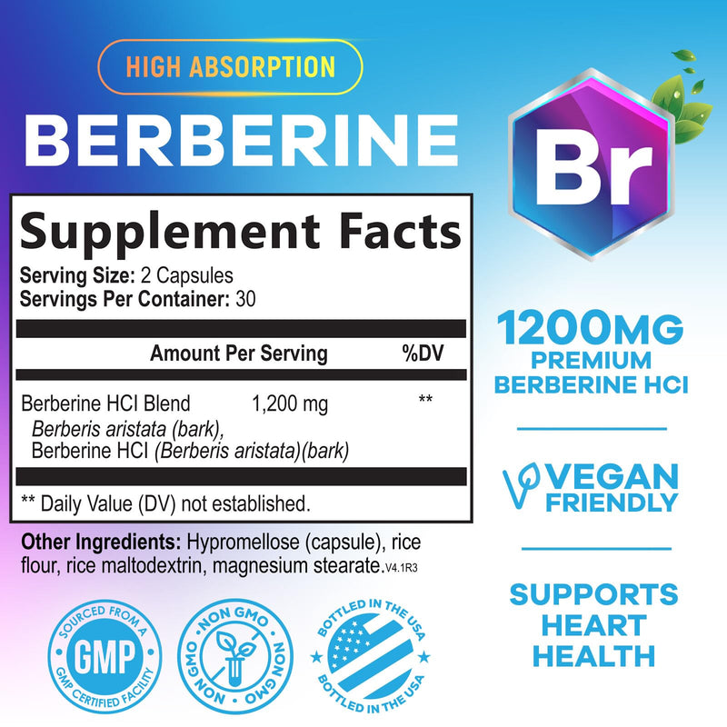 [Australia] - Berberine HCL 1200mg Supplement - Berberine HCI Capsules High Absorption Supplement for Heart Health & Immune Support, High Strength, Gluten-Free, Vegan, Non-GMO Pills - 60 Veggie Capsules 60 Count (Pack of 1) 