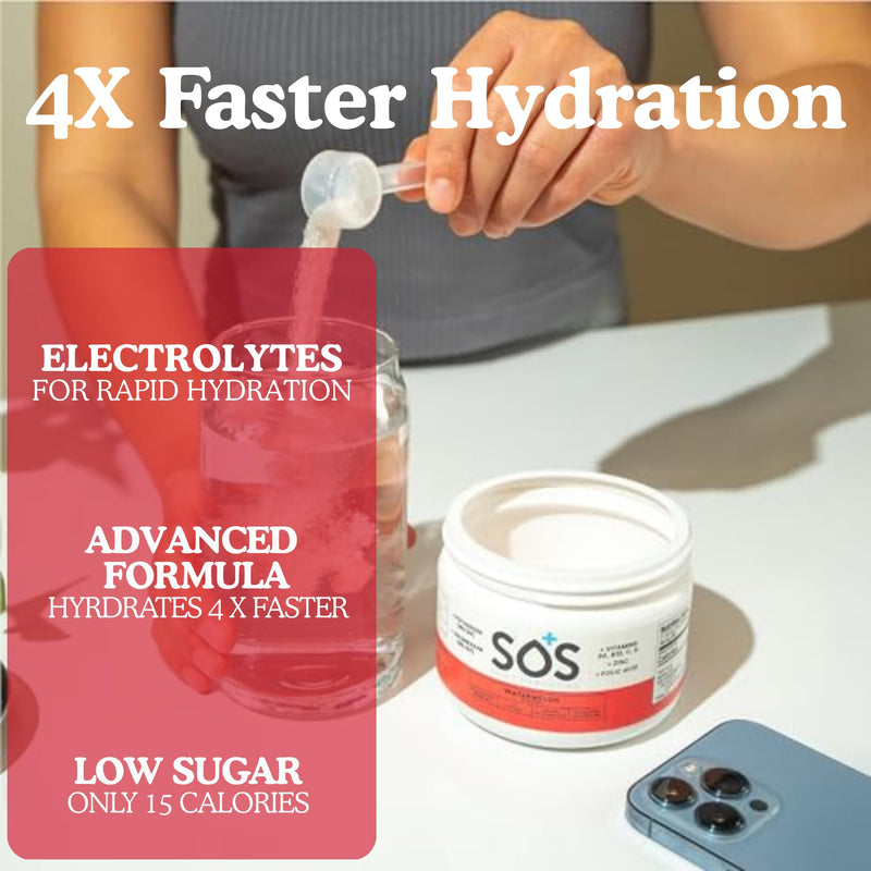 SOS Hydrating Electrolyte Powder (Watermelon Flavour - Bulk 31 Servings) Best Fast Acting, Low Calorie Rehydration Sports Drink