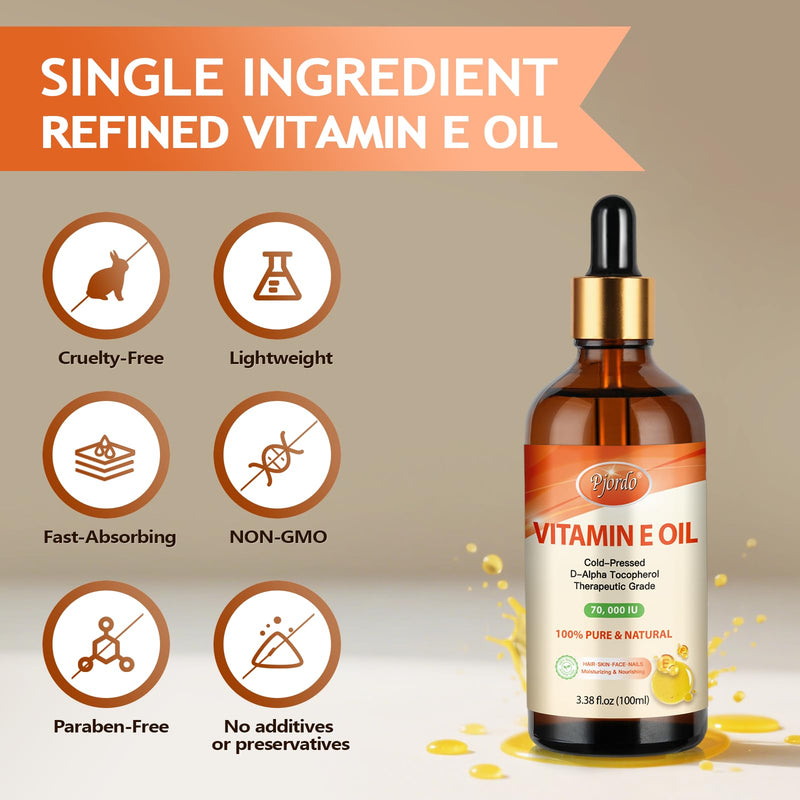 Pjordo Vitamin E Oil - 100% Pure & Natural, 70,000 IU Cold-Pressed Organic Vitamin E Oil for Skin, Face, Hair, Nails & Scars, D-Alpha Tocopherol Rich, Deep Moisturizing and Firming Skin