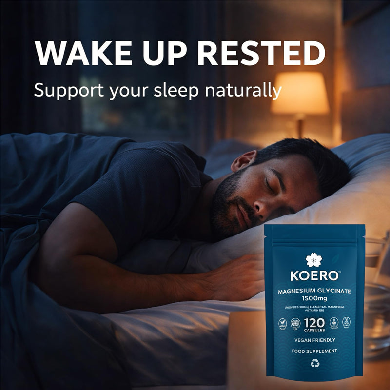 KOERO Magnesium Glycinate 1500mg (300mg Elemental) + Vitamin B6 – High Absorption Chelated Magnesium Capsules – Supports Sleep & Relaxation – 120 Capsules – UK Made