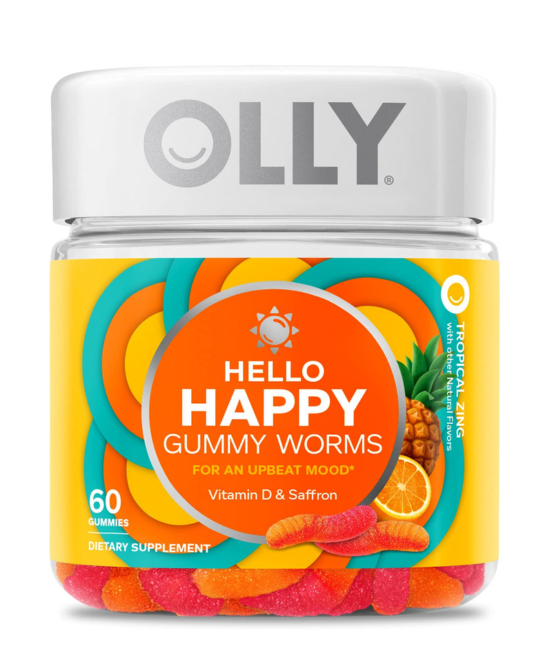 OLLY Fiber Gummy Rings, 5g Prebiotic Fiber, FOS (Fructo-oligosaccharides), Digestive Support & Hello Happy Gummy Worms, Mood Balance Support, Vitamin D, Saffron, Adult Chewable Supplement