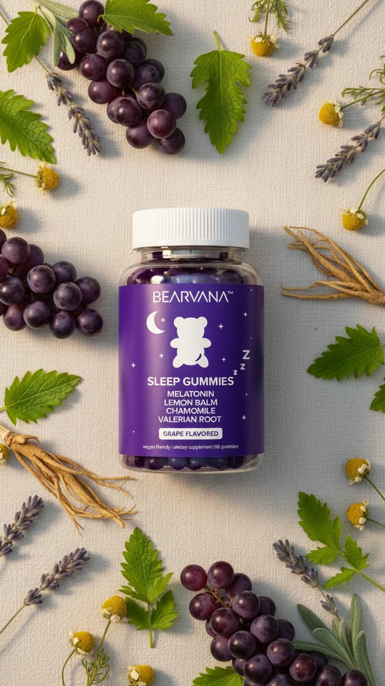 BEARVANA Melatonin Gummies, Sleep Support Gummies with Lemon Balm, Grape Flavor, Chamomile & Valerian Root, Night time Relaxation & Rest Support | 60 Gummies