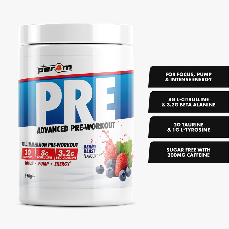 Per4m Pre Workout Powder | Intense Pump, Sustained Energy & Mental Focus | L-Citrulline, Beta Alanine & Caffeine & Added Hydration (570g, Berry Blast)