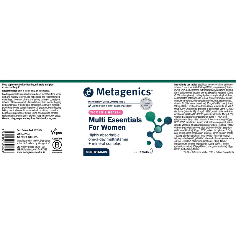 Metagenics Multi Essentials for Women Multivitamin with Iron - 29 Vitamins & Minerals for Women - Vegetarian and Vegan - 30 Tablets 30 count (Pack of 1)