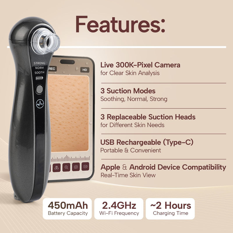 Blackhead Remover Vacuum with Camera Pore Vacuum, Black Head Extractions and Pore Cleaner, 3 Adjustment Modes & 3 Suction Heads