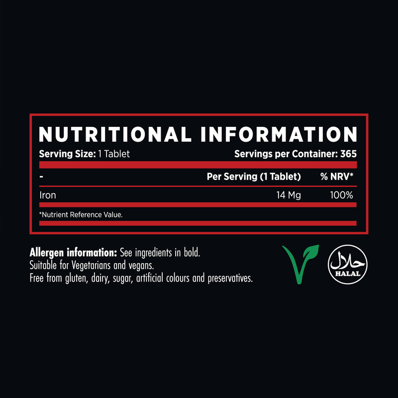 Refined Nutrition Iron Tablets 14mg, 365 Vegan Tablets for 1 Year Supply, Ferrous Fumarate Supplement to Reduce Tiredness and Fatigue, Halal Certified, UK Made