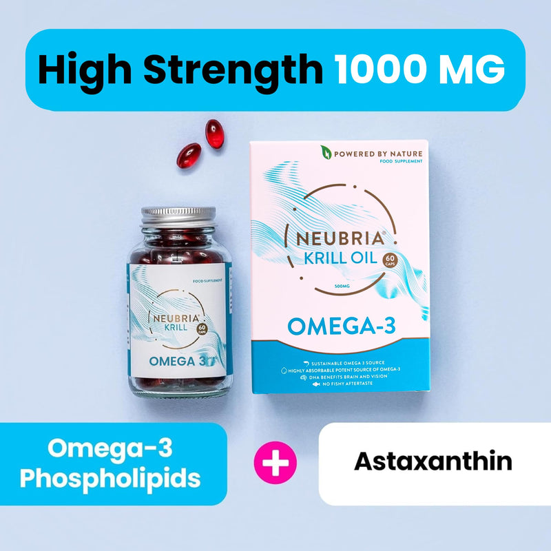 Neubria Krill Oil Omega-3 Capsules High Strength 1000mg | EPA & DHA with Marine Phospholipids, Astaxanthin & Choline | Antarctic Krill Oil | Cod Liver & Fish Oil Alternative | 60 Softgels HIGH POTENCY 1000 MG