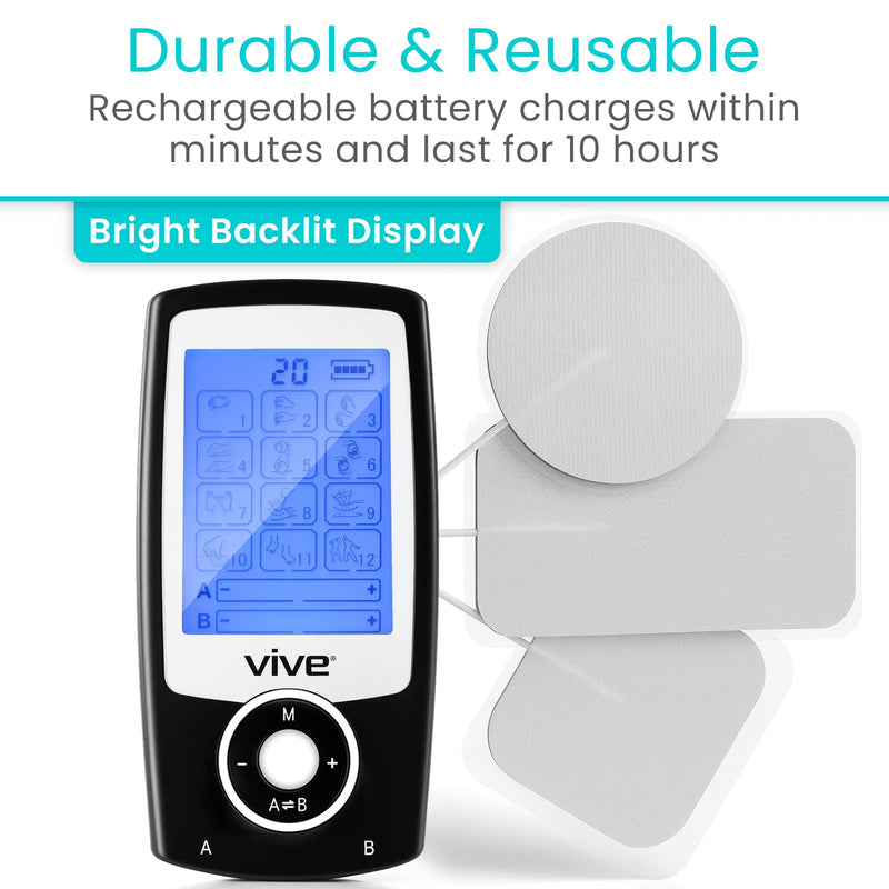 Vive Tens Unit Muscle Stimulator- Stim Machine with Self Sticking | Electrodes Pads, Massager for Upper & Lower Back, Sciatica, Neck Pain Relief, Electric Shock Therapy for Muscles & Pain Black