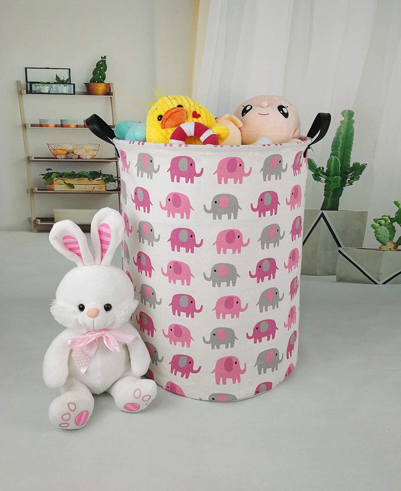 [Australia] - 19.7 Laundry Hamper Toys Box Storage Bins Canvas Waterproof Collapsible Clothes Organizer Basket with Handle Freestanding Large Cute Light Weight for Home Kids Baby Room(elephant) pink grey elephant 