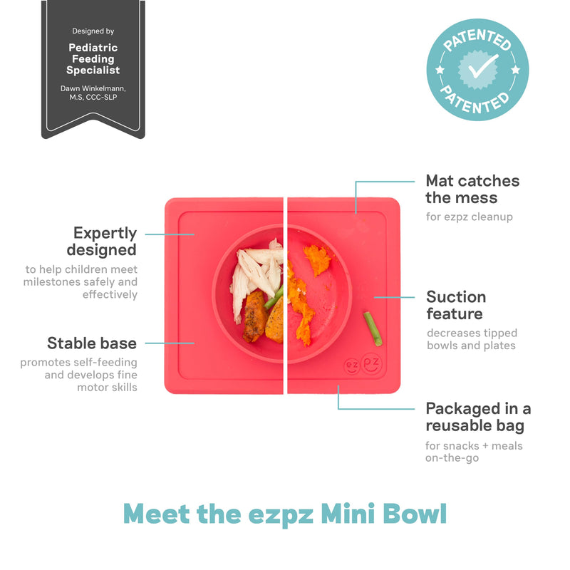[Australia] - ezpz Mini Bowl for 12 Months+ (Coral) - 100% Silicone Suction Bowl with Built-in Placemat for Toddlers - Comes with a Reusable Travel Bag Coral 