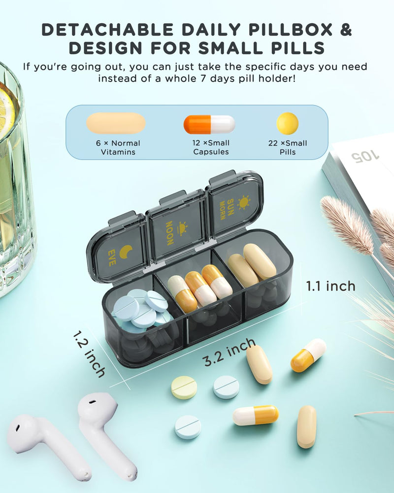 Acedada Pill Organizer 3 Times A Day - Weekly Pill Box 3X A Day, Black Grey | Large Pill Box 7 Day Medicine Organizer Pill Case, Pill Container Holder, Daily Pill Box 3 Times A Day, for Vitamin