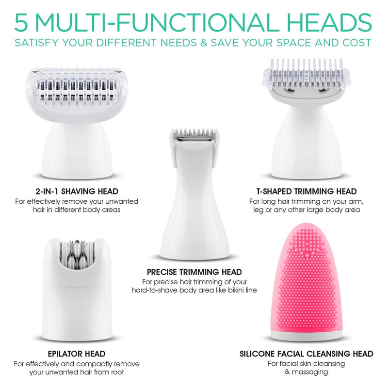 [Australia] - VOYOR Electric Shaver for Women Bikini Trimmer Hair Remover for Face Body, 5 in 1 Groomer Kit Lady Shaver Bikini Razor Women for Hair Trimmer, Cordless Rechargeable Waterproof ES500 