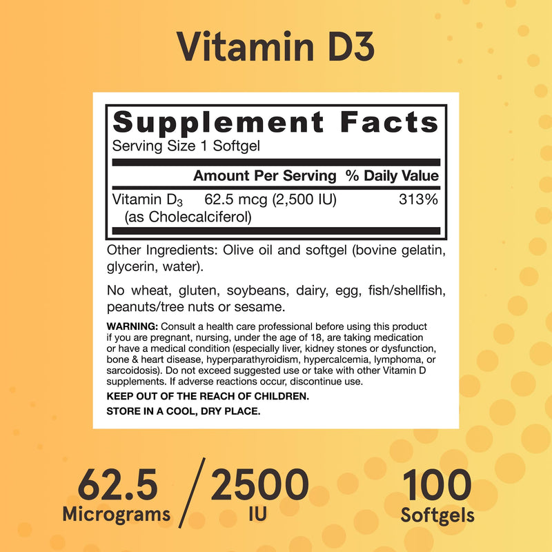 Jarrow Vitamin D3 Supplements 62.5 mcg (2,500 IU), 100 Softgels | Vitamin D Supplement For Bone Health, Immune Support & Calcium Metabolism Support, Gluten Free, D3 Vitamins, 100 Servings 100 Count (Pack of 1) 2500 IU