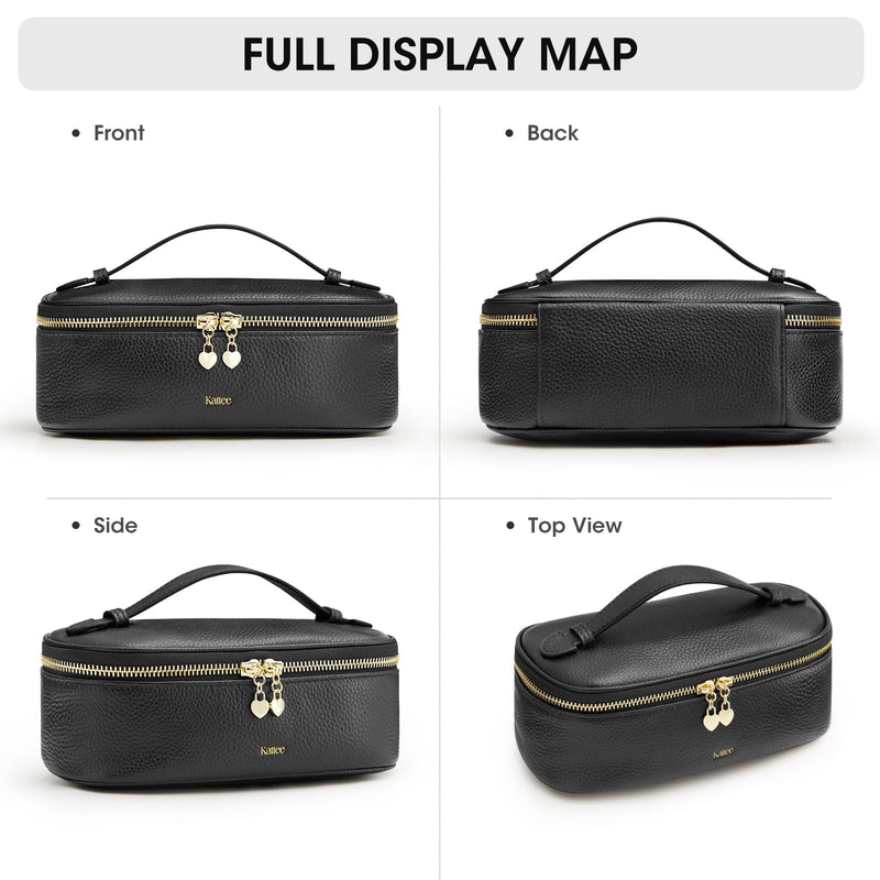Kattee Makeup Bag for Women, Leather Cosmetic Bag, Working Makeup Bags for Ladies with Handles, Portable Travel Toiletry Bag,Black Black