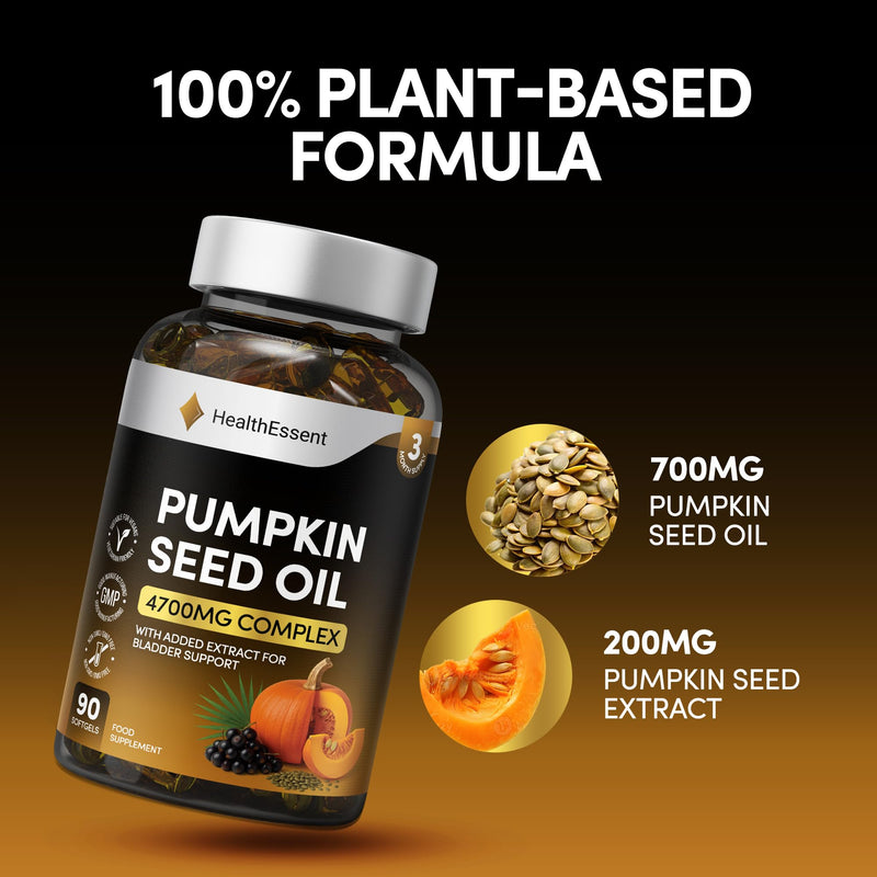 HealthEssent Pumpkin Seed Oil & Extract Capsules 4700mg Complex, Curcubita Pepo Omega 6 & 9 - High Strength Pumpkin Seed Oil for Hair & Prostate Support, Vegan & Non-GMO - 90 Softgels