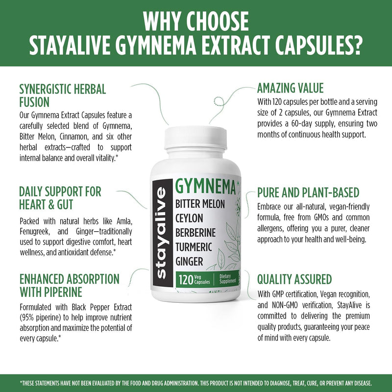 [Australia] - STAY ALIVE Gymnema Sylvestre 25:1 Extract, 120 Capsules with Bitter Melon, Ceylon Cinnamon, Berberine, Turmeric, Ginger, Amla Powder and Fenugreek, Non-GMO & Gluten Free Gymnema Sylvestre Supplement 