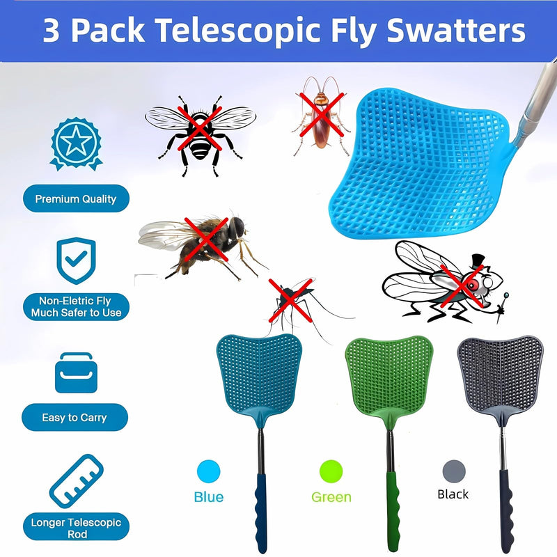 [Australia] - Telescopic Fly Swatter, Jakeloo 3 Pack Fly Swatter for Indoors Plastic Flyswatter Heavy Duty with Stainless Steel Telescopic Handle Ideal for Summer Home/Indoor/Outdoor/Classroom/Office (Blue) Blue 