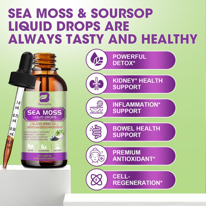 [Australia] - Sea Moss Liquid Drops - Irish Sea Moss & Black Seed Oil with Ashwagandha, Soursop Bitters, Elderberry, Burdock Root, Bladderwrack, Seamoss Supplement Support Antioxidant, Immune, Gut Health 2 Fl Oz (Pack of 1) 