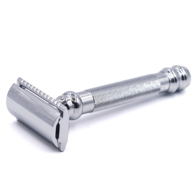 [Australia] - Parker 98R Heavyweight 3-Piece Double Edge Safety Razor – Long Handle, Closed Comb Design for Smooth Wet Shaving, Includes 5 Platinum Blades – Iconic Brand in Traditional Shaving Silver 1 Count (Pack of 1) 