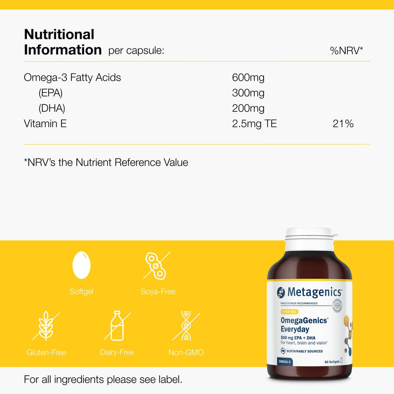 Metagenics OmegaGenics Everyday - 500mg EPA & DHA - Omega 3 Support with Vitamin E - for Heart, Vision & - 60 Capsules