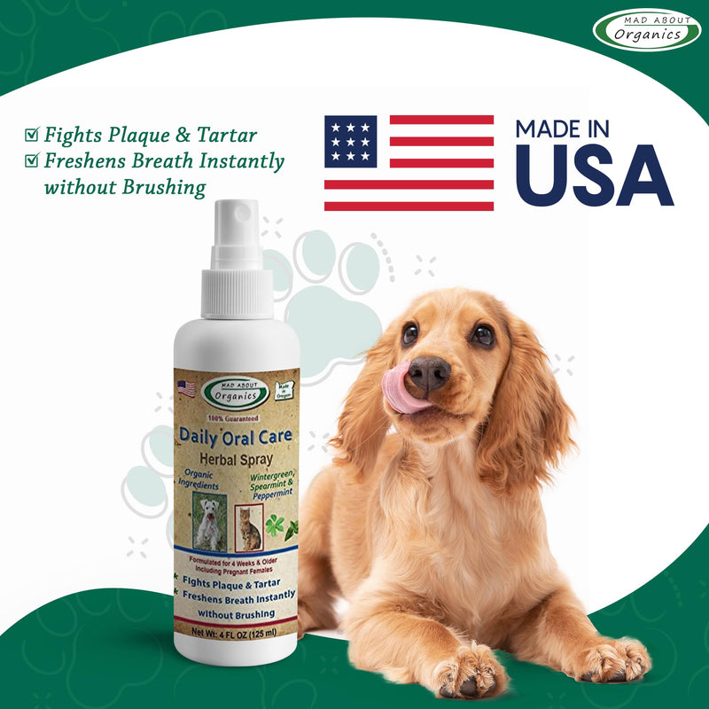 Daily Oral Care Herbal Spray for Dogs & Cats - Wintergreen, Spearmint & Peppermint Formula, Reduces Plaque & Tartar for Fresh Breath, Simple No-Brush Dental Solution, 4oz Bottle - PawsPlanet Australia