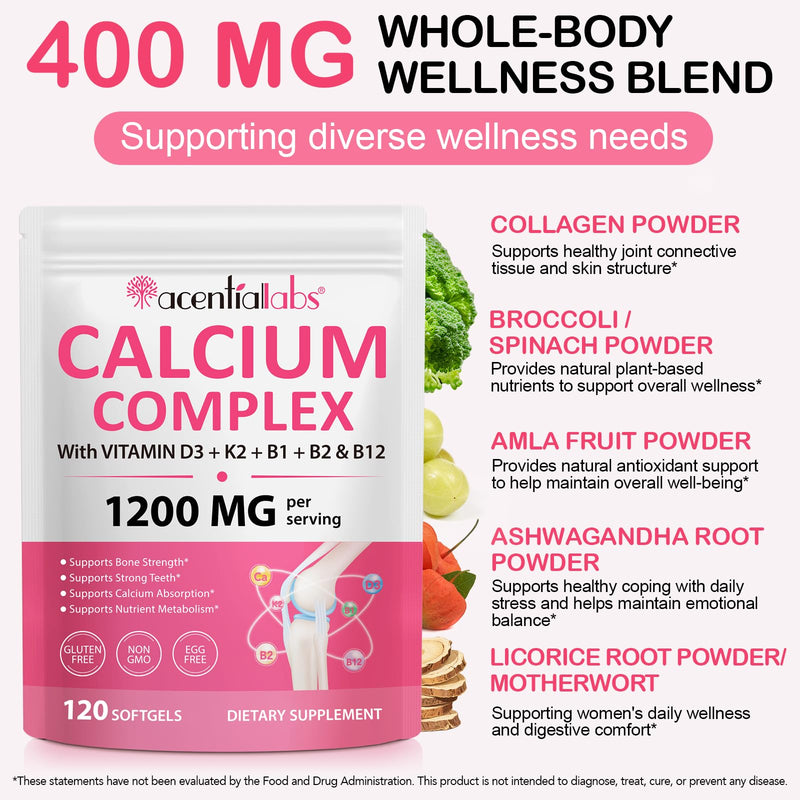 Calcium Complex 1200mg with Vitamin D3, K2 & B Vitamins B1 B2 B12 – Calcium Supplement for Bone & Teeth Support, Helps Calcium Absorption & Nutrient Metabolism – Gluten Free, Non-GMO – 120 Softgels