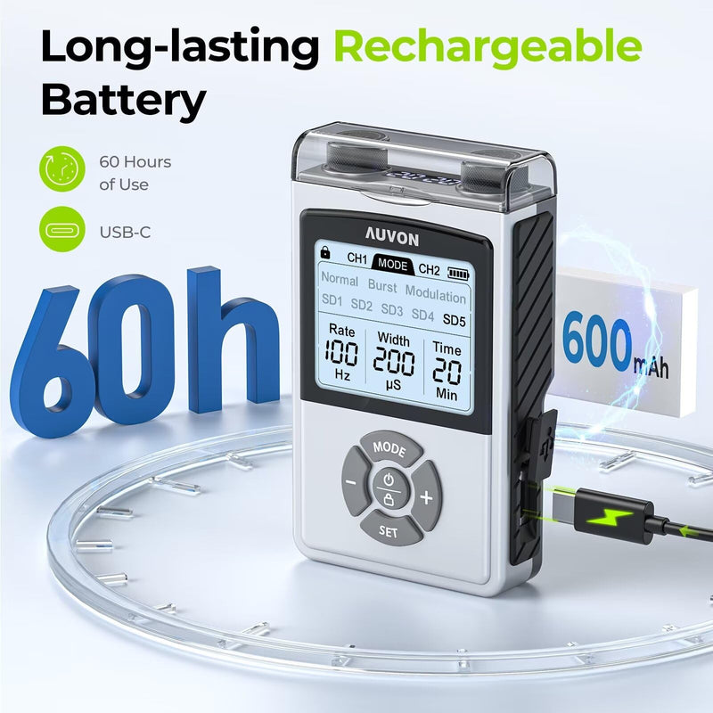 [Australia] - AUVON Rechargeable TENS Unit Muscle Stimulator for Back Pain Relief, 600 mAh Battery TENS Machine with 8 Customizable Modes, Stim Machine for Shoulder & Neck Pain Relief, Nerve Pain Relief, 4 Pads 