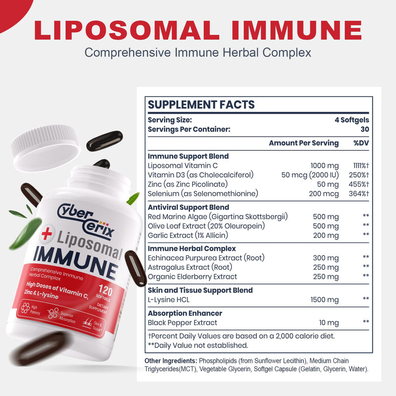 [Australia] - Advanced Liposomal Immune Supplement, Complex with L-Lysine 1,500mg, Vitamins, Minerals & Herbal Extracts, Comprehensive Daily Wellness Blend for Men & Women - 120 Capsules 120 Count (Pack of 1) 