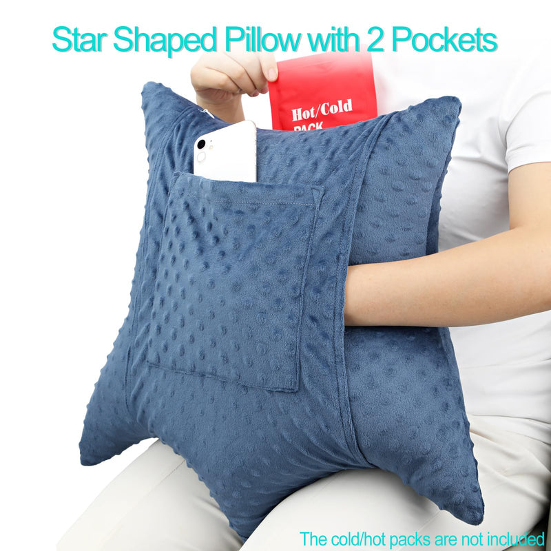 [Australia] - Heart Surgery Pillow Shock Absorbing for Open Heart Surgery After Bypass Coughing with 2 Pockets - Recovery Gifts with Hands Placement Pouch, Minky Dot Denim Blue Star Lounger - Minky Denim Blue 
